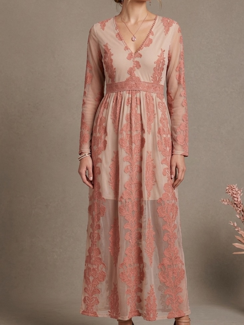 Beautiful Soul Norrie-P Maxi Dress Tan Pink Floral Embroidered VNeck Long Sleeve